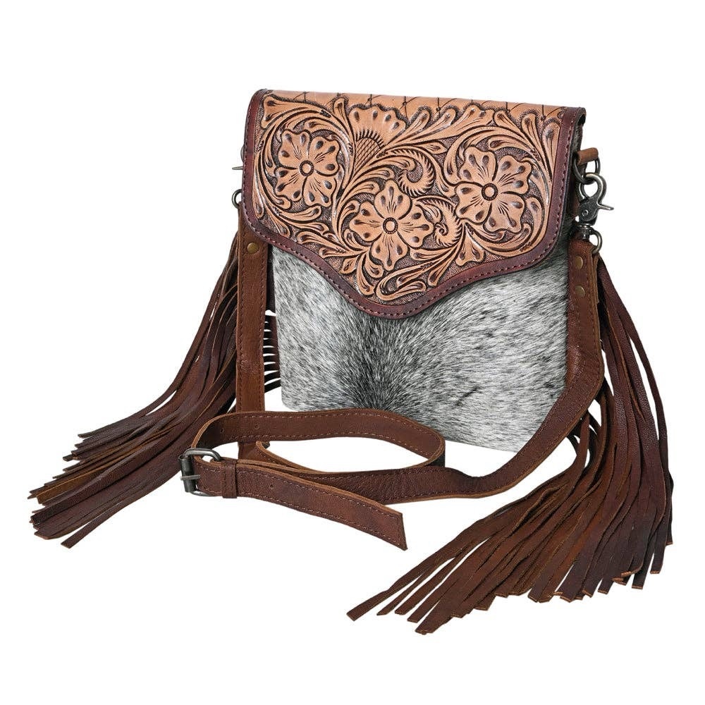 Brown and Gray Leather Fringe Bag